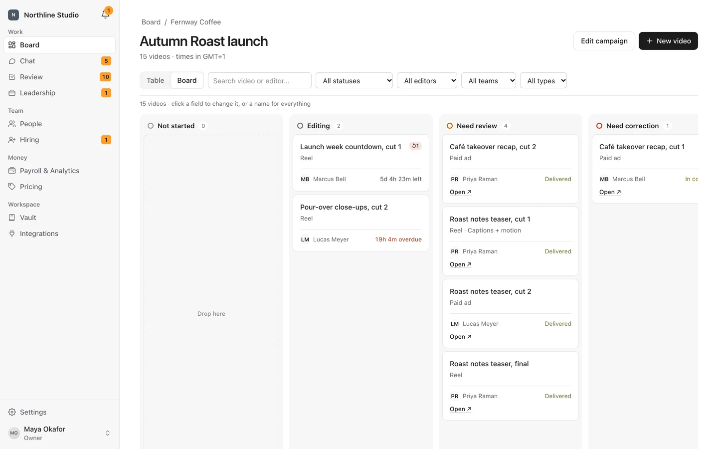 PhasorSync work board: a campaign's videos in columns by status, each with its editor and time left or overdue.