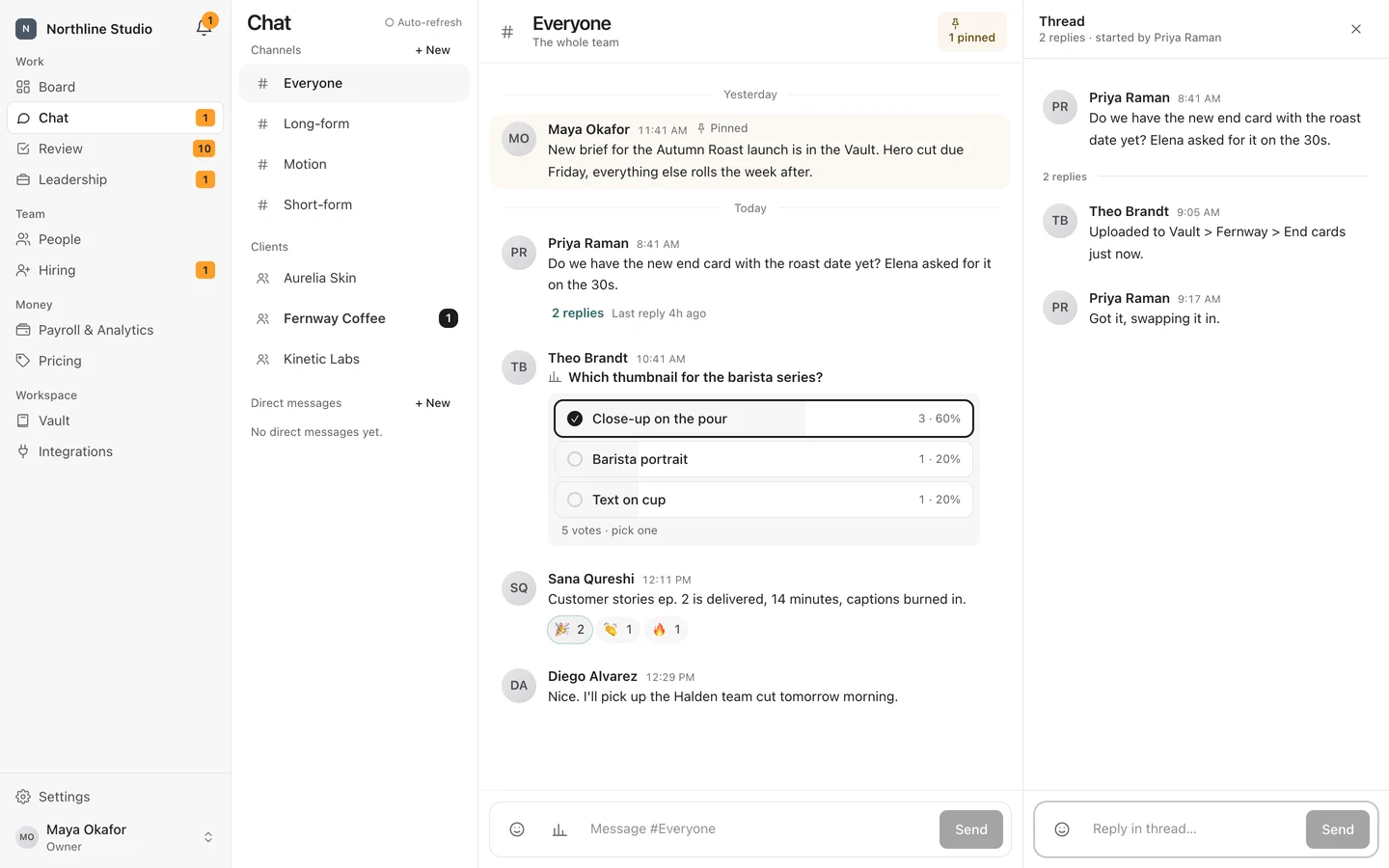 PhasorSync chat: team channels, client channels, a pinned brief, a thumbnail poll and a reply thread.