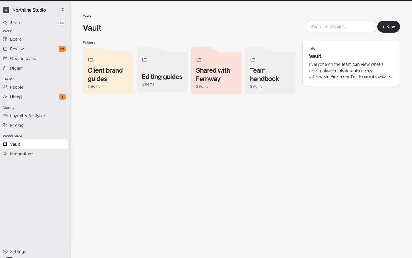 PhasorSync Vault: folders for client brand guides, editing guides, docs shared with a client and the team handbook.